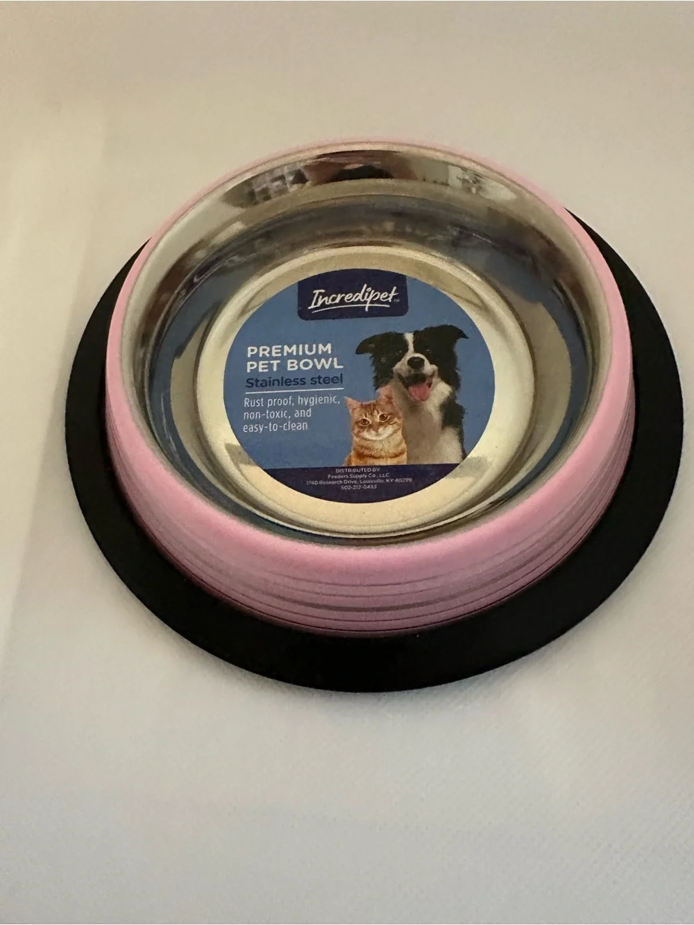 Stainless Steel Cat Bowl with Pink Exterior and Non-Slip Base